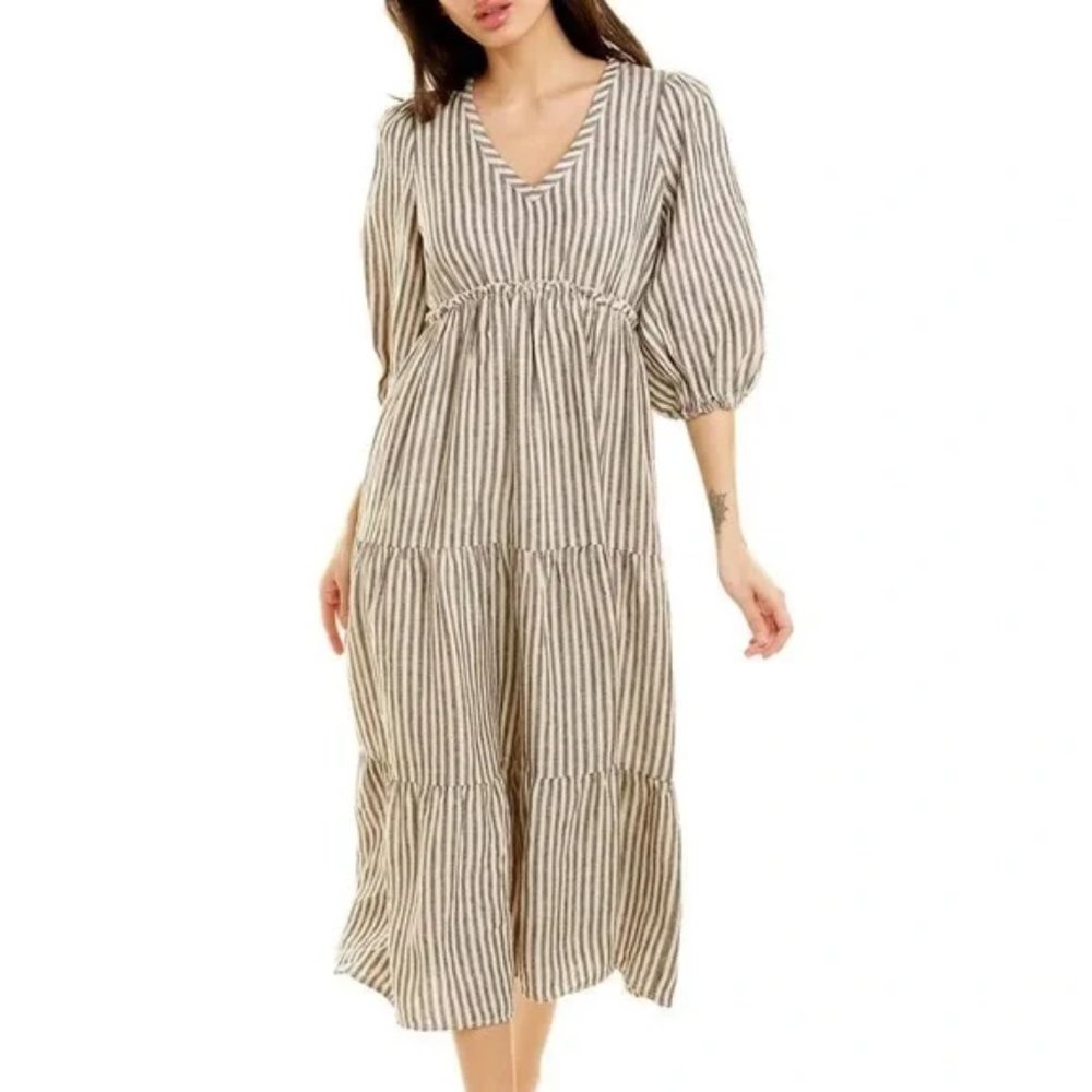 Trina Turk 100% Linen Out of Office Calm Boho Midi Dress in Neutral Sz XS